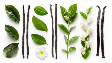 A vanilla flower stick and leaf isolated on a white background as part of a package design.の素材