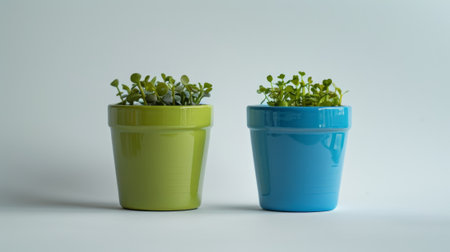 Isolated green and blue color pots.の素材
