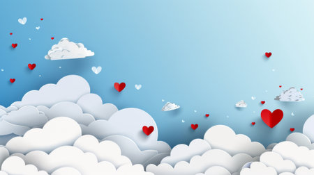 The banner features a blue sky and paper cut clouds. There is a place for text. Happy Valentine's Day header or voucher template with hearts.の素材