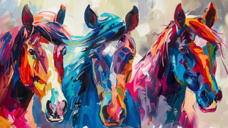 Modern oil painting of horses on canvas..の素材