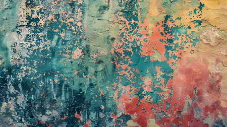 Multi-color grunge background featuring an abstract colored texture. Vintage scratches, stain, paint splats, brush strokes, dots, spots, weathered walls..の素材