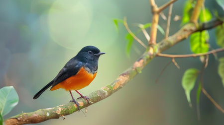 In densely vegetated habitats in the Indian subcontinent and Southeast Asia, the white-rumped shama (Copsychus malabaricus) is a popular passerine bird..の素材