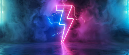 An abstract power symbol in 3D with a black silhouette illuminated by pink blue neon light, and the lightning symbol in black silhouette lit by pink blue neon lightの素材