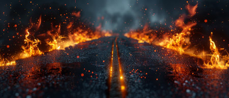 The flames of a wet long road are blazing against an abstract black background, in three dimensionsの素材