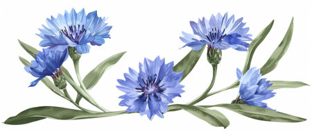 Isolated blue cornflower illustration with green leavesの素材