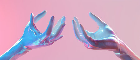 Three-dimensional rendering of female hands with open palms, jewelry shop display with minimal fashion background, mannequin body parts, helping hands, show, presentation, in pink and blue pastelの素材