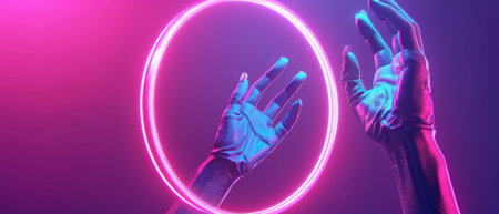 A 3D render with an abstract neon background, mannequins holding pink blue glowing round frames, ultraviolet light, a fashion concept, and a virtual reality environment.の素材