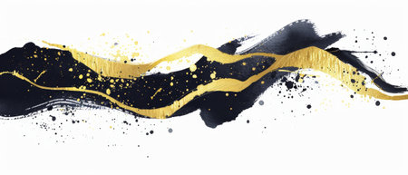 The black ink calligraphic shape has a golden smear. Hand painted watercolor clip art isolated on white. It is also an abstract gouache splashing.の素材