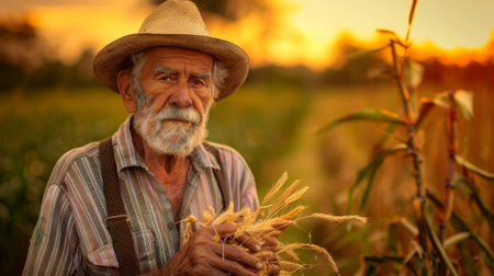 Crops are held in the hands of a senior farmer in the fieldの素材
