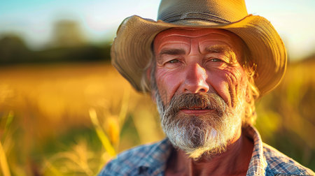 Portrait of a middle-aged man surrounded by farmland.の素材