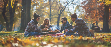 An afternoon picnic with a group of friends in a park on a sunny day - People are having a good time grilling and relaxing togetherの素材