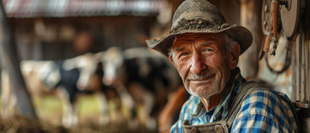 Farmer posing in his cowshedの素材
