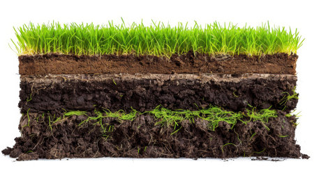 Isolated sections of green grass with soil on white background.の素材