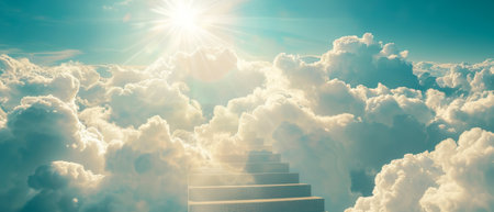 The Stairway to Heaven. Concept with white clouds and the sun behind it. Background concept with religion..の素材