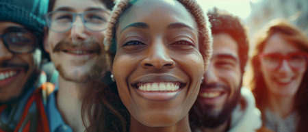 An image with smiling faces. A collage of multiracial faces throughout the day..の素材