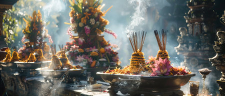 An offering to the spirits, incense, and traditional Balinese ceremony..の素材