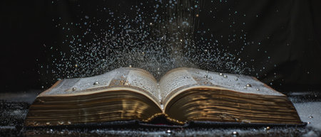 In this still-life image, the Koran (Holy Book of Muslims) can be seen on a dark black background with sprinkles falling..の素材