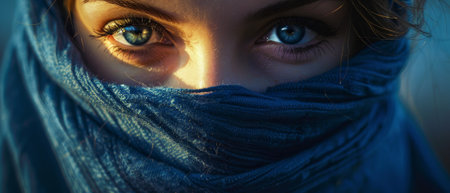 Blue scarf covering half the face.の素材