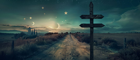 On a crossroads sign, Christian, Islam, and Jewish religions are represented.の素材