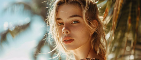 In summer light, a blonde woman stays at the back of the head.の素材