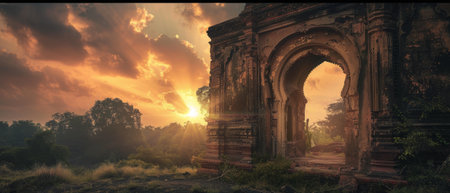 A ruined arch in an ancient temple in India at sunset.の素材