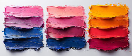 An abstract painting background wall. Three abstract paintings behind the wall for decoration, texture and bright color. Contemporary art. Artworks. The spots of paint. The paint brush. Modern art.の素材