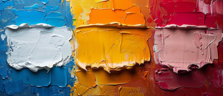 Background of abstract art. Three abstract paintings over a bright color background for decoration. Contemporary art. Works of art. Color spots. Brush strokes. Modern art.の素材