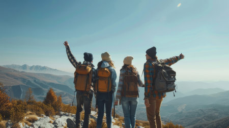 A group of happy friends is looking at the mountains together and having fun. There is space for text. This is a concept for travel.の素材