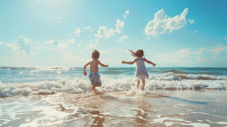 A boy and girl playing on the beach on their summer vacations. Children in nature with beautiful water, sand, and blue skies.の素材