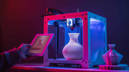 In this picture, the maker is holding a tablet with a 3d model on the screen. The tablet shows the progress of the printer as it prints the vase. Additive technology for hobbies and DIY projects..の素材