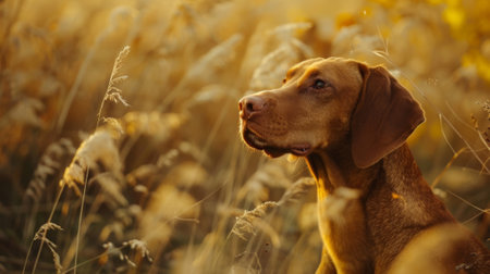 Hungarian hound pointer vizsla dog on the ground in autumnの素材
