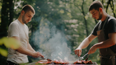 Barbecue being made outdoors by two young menの素材