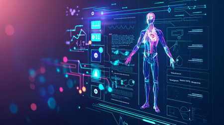 Technology in medical diagnosis, online medicine infographics. Artificial intelligence helps combine and analyze patient data..の素材