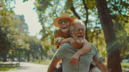 Seniors have fun riding piggyback in the summer at the parkの素材