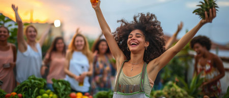 An energetic group of young multiracial friends dancing on their rooftop at sunset, enjoying cold beer and holding hands with one anotherの素材