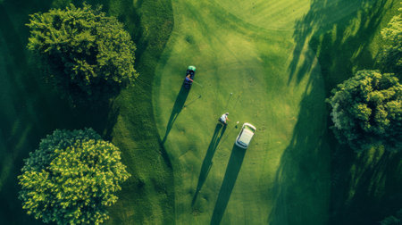 The top view shows a pair of men playing golf on a summer day. The golf course is in the distance.の素材