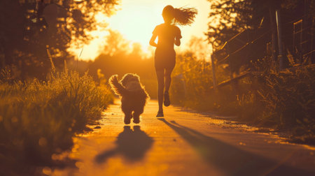 Teenage girl running with dog in the park. Happy family freedom is a kid's dream concept. silhouette of a teenager running in the park at sunset with her dog.の素材