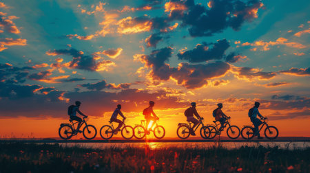 Sporty company friends riding bicycles outdoors at sunset. Silhouette image.の素材