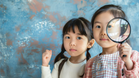 An adult magnifying a child's face.の素材
