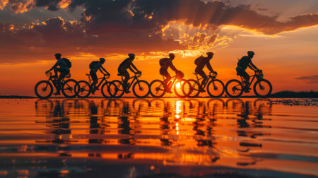 Sporty friends on bicycles against sunset. Silhouette of cyclist on shoreline along coast reflected in water. Copyspace for inscription.の素材