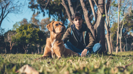 Cool dog and young man having fun in a park - Friendship, pets, togetherness conceptsの素材