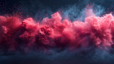 The explosion of red powder on a black background is a frozen motion. The explosion is splattered with red powder on a black background..の素材