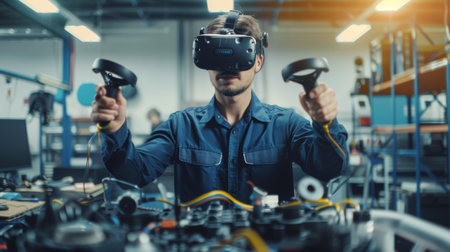 Repairman in a modern workshop wearing VR headset holding two joysticks. Specialist with virtual reality headset and two joysticks at car service. Mechanic investigating the breakdown with futureの素材