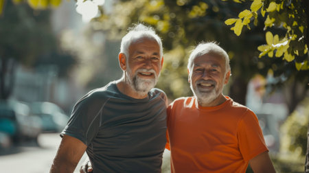 An outdoor portrait of senior men, fitness, and laughter for exercise motivation, retirement health, and friendship.の素材