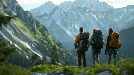 Friends going on a hiking / camping trip in the mountains.の素材