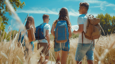 A group of students with notebooks is enjoying the summer outdoors.の素材