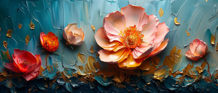 Flowers, leaves. The future is stylish on paper. Luminous golden texture. Prints, poster, wall paper, card, mural, carpet, decoration, wall paintings, posters...の素材