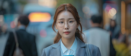 The young busy successful successful Asian business woman, Korean professional businesswoman is standing or walking on a street outside a big city.の素材