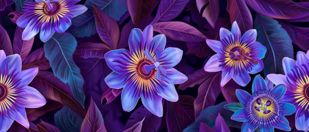 An abstract colorful passion flower seamless pattern on a purple tropical textile backgroundの素材