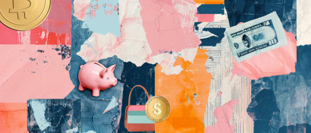 A montage of contemporary collage elements made from coins, money, piggy banks, and retro purses. Grunge paper stickers of financial planning. Modern illustration..の素材